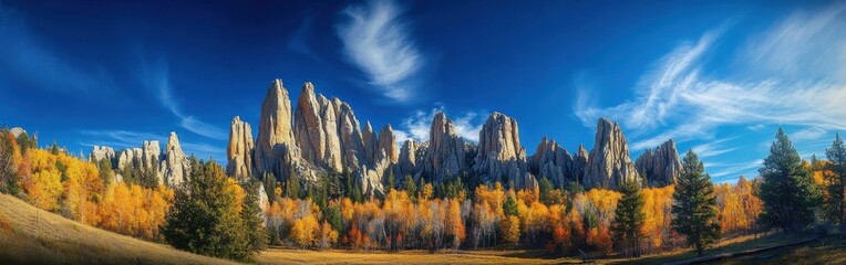 Obraz premium Explore the breathtaking Cathedral Spires during autumn, surrounded by vibrant foliage under a clear blue sky