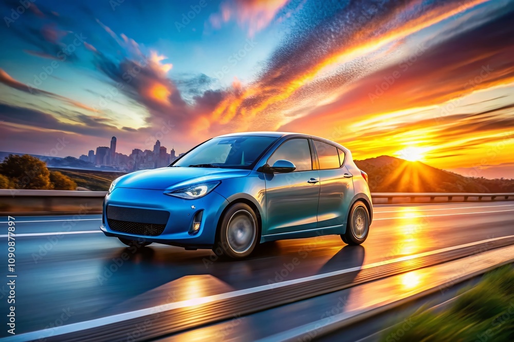 Poster modern electric car in motion: a sleek vehicle speeding along a dusk highway with bokeh effect highl