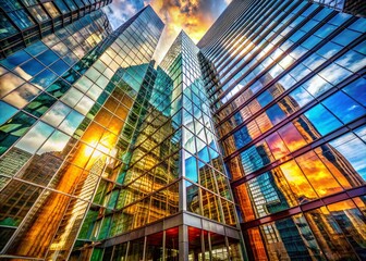Fototapeta premium Modern Double Exposure of Glass Skyscraper Facade Reflecting Urban Landscape with Stunning Architectural Details and Vibrant City Life Captured in a Unique Perspective