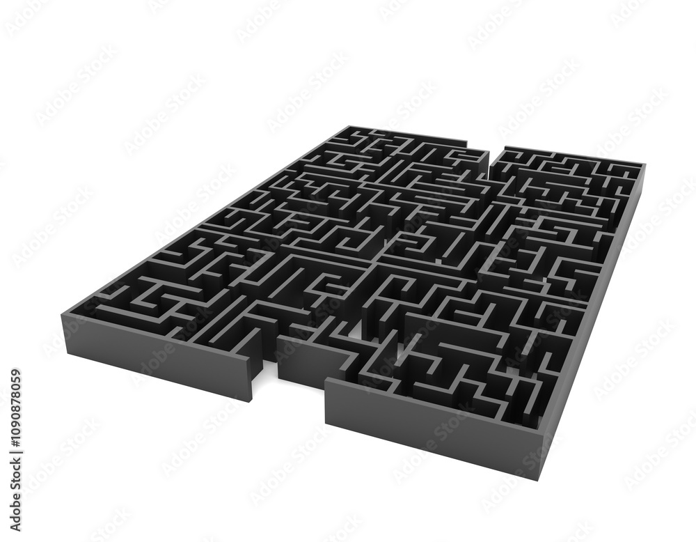 Poster Grey rectangular labyrinth maze shown in closeup, isolated on a white background. Minimalistic design, symbolizing difficulty or challenge. Concept of problem-solving