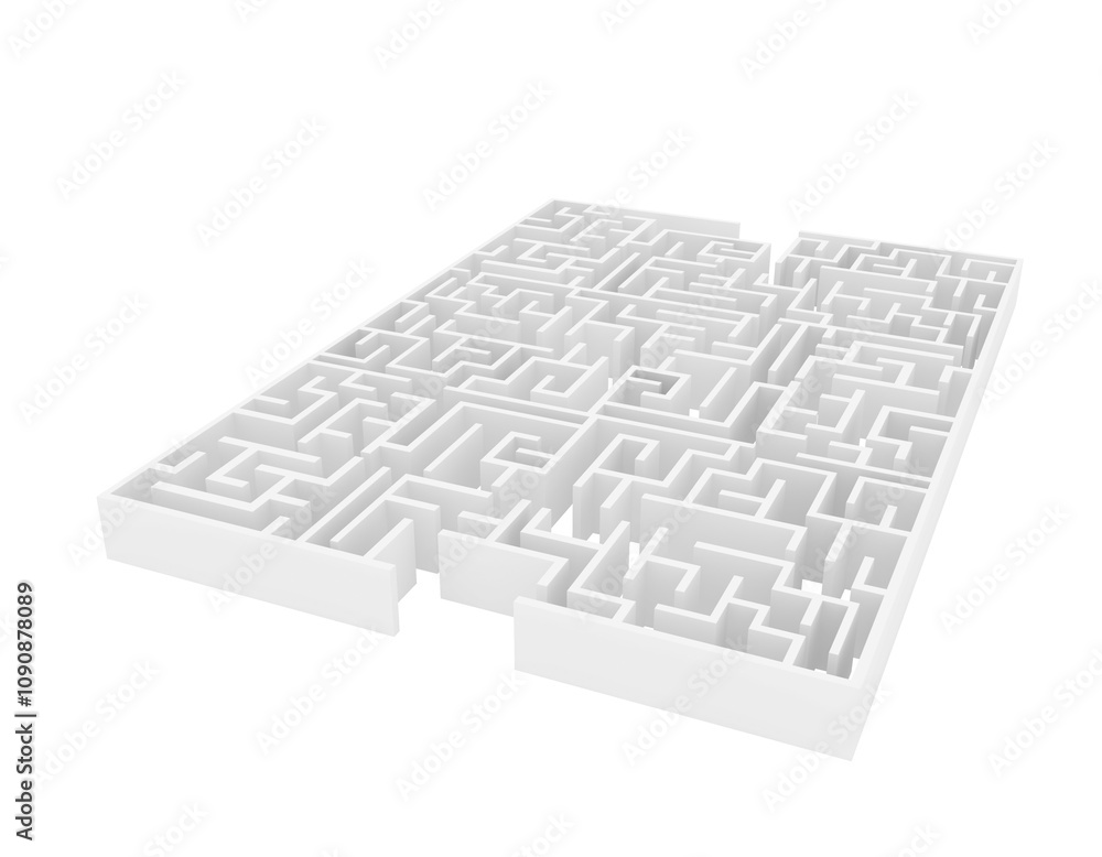 Poster A 3D rendering of a white maze, isolated on a white background. The maze is rectangular, with intricate pathways and raised walls. Concept of a puzzle