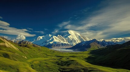 Obraz premium A stunning view of Denali, the highest peak in North America, surrounded by lush greenery and vast valleys under a clear blue sky