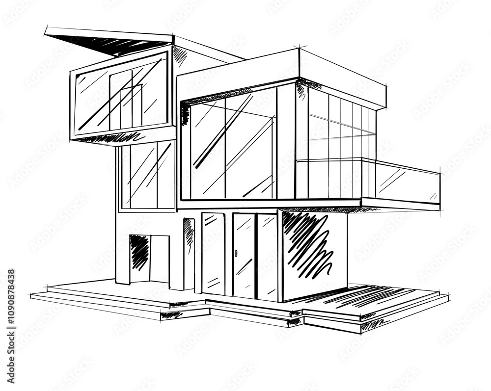 Aufkleber architectural sketch of a modern house with large windows and clean lines. ink drawing style on a wh