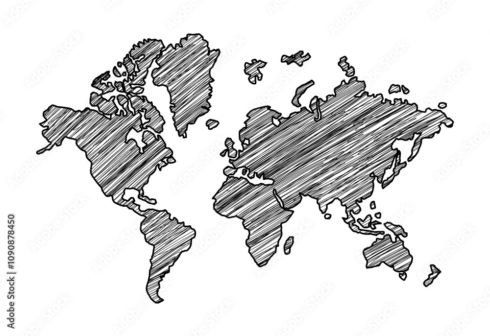 Aufkleber Hand-drawn world map sketch showing continents in diagonal lines. Ink on a clean white background. Concept of global geography and education