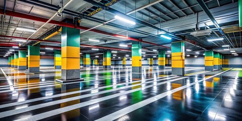 Fototapeta premium Modern Indoor Car Parking Garage with Abstract Black and White Spaces, Showcasing Empty Parking Spots in a Wide View of a Contemporary Urban Environment