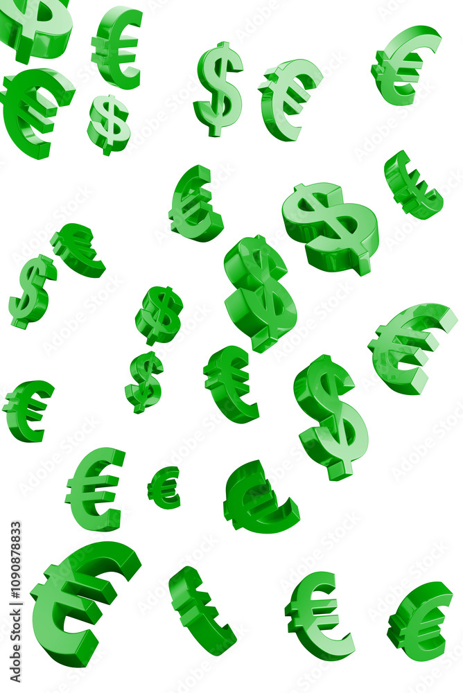 Poster green dollar and euro symbols are falling through the image in 3d style, standing out against a whit