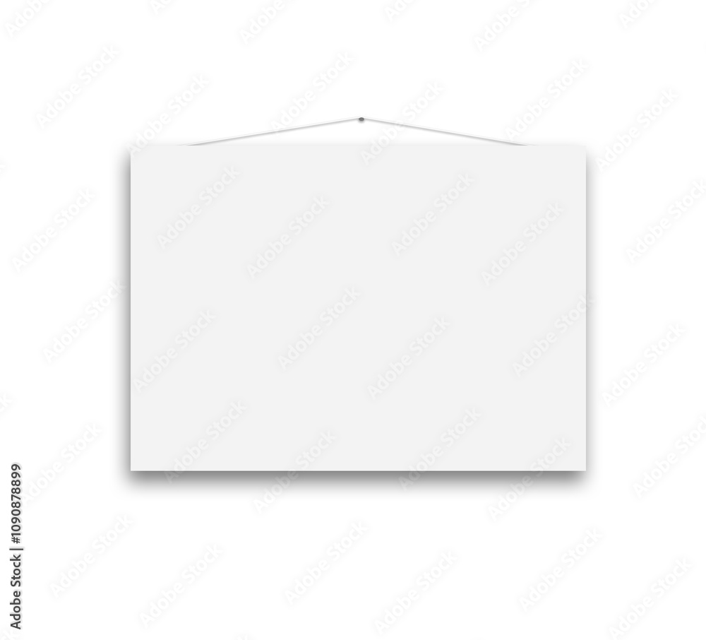 Poster a blank white hanging poster with a thin string on a white background, casting a subtle shadow. suit