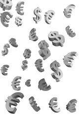 Various grey 3D-rendered dollar and euro symbols floating against a clean white background. Concept of currency exchange, finance, and economy. 3D Rendering.
