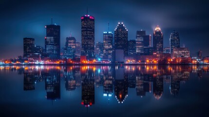 Fototapeta premium A stunning view of the Detroit skyline illuminated at night with reflections on the water and vibrant city lights