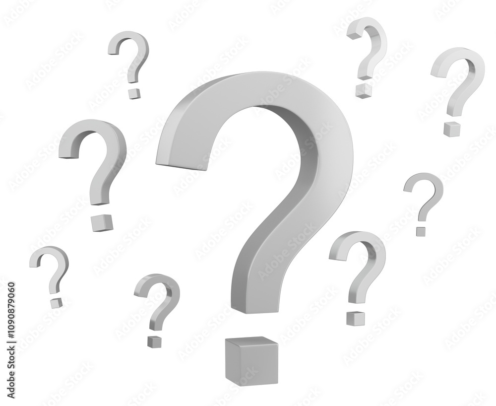 Poster Multiple grey question marks floating in mid-air, rendered in 3D style, isolated on a white background. Concept of confusion, uncertainty, or inquiry. 3D Rendering.
