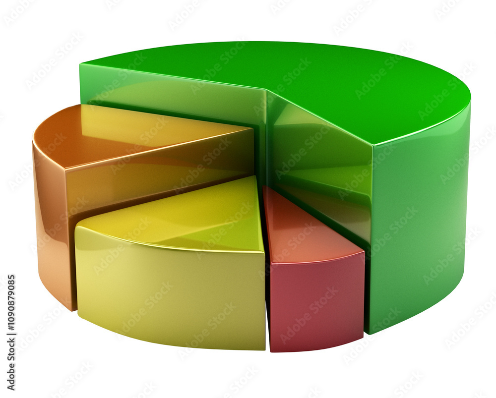Poster 3d rendered pie chart with various colorful segments (green, yellow, brown, red) on a clean white ba