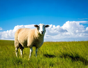Fototapeta premium Single Sheep on a large grass Field with beautiful blue sky background. 