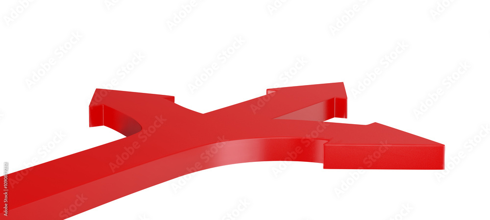 Poster Red three-way arrow shape pointing in different directions. Close-up, isolated on a white background. Concept of decision-making or multiple choices. 3D Rendering