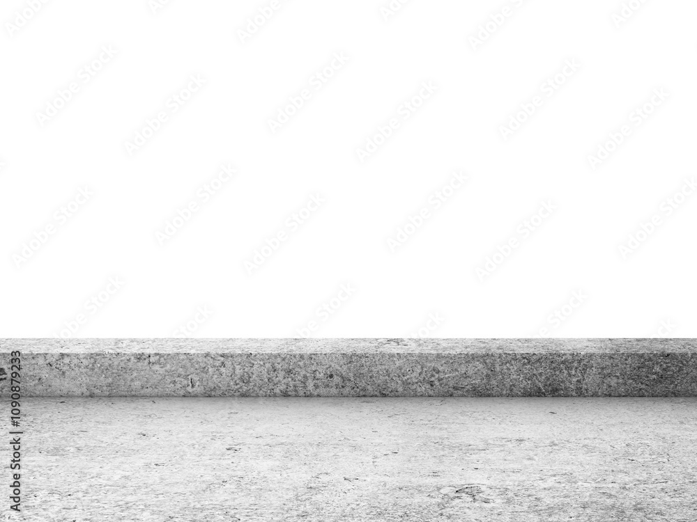 Poster Concrete shelf isolated on a white background. The shelf has a rough, textured surface, perfect for minimalistic product display or design mockups. 3D Rendering