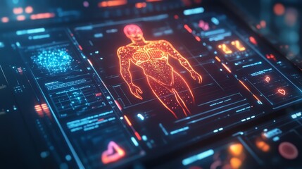 A close-up of a digital interface showing personalized fitness suggestions generated by AI, glowing health metrics floating around the user.