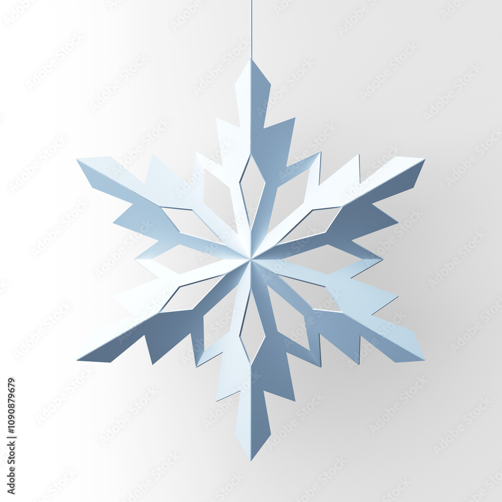 Poster a light blue paper snowflake hanging on a white background. the design shows intricate cutouts in a 