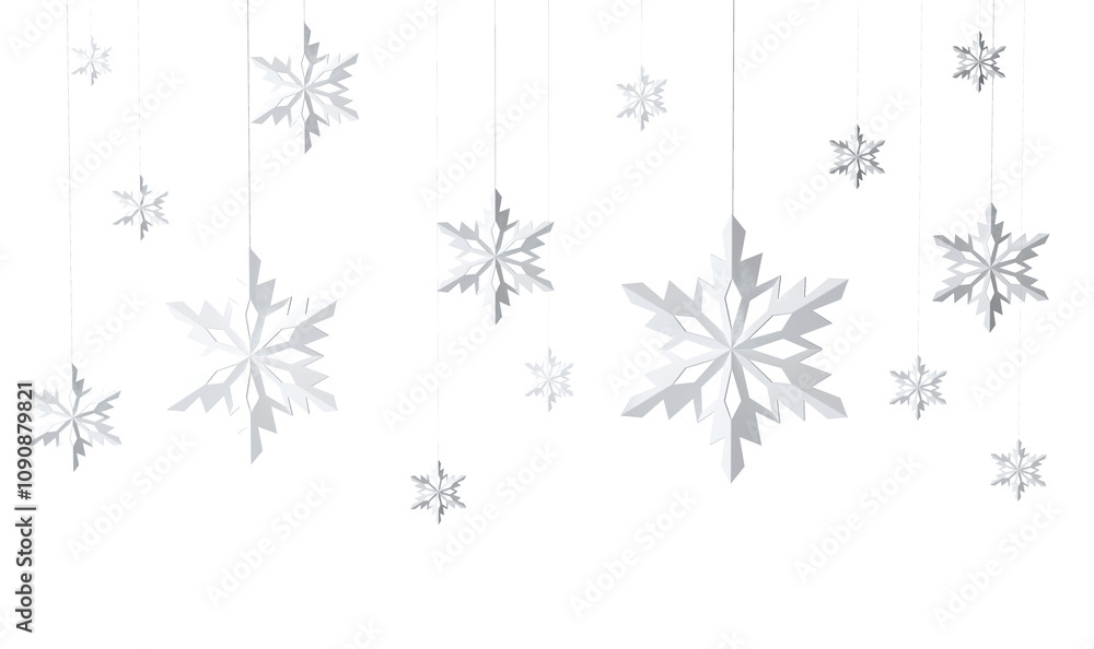 Poster white paper snowflakes hang on strings in the air, on a white background. simple and minimalist deco