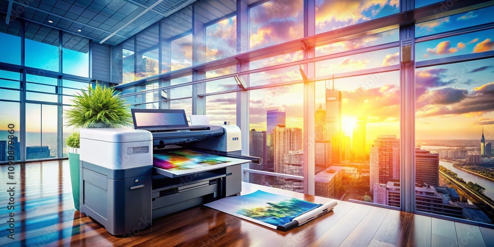 Poster modern multifunction laser printer with double exposure effect showcasing technology and efficiency 