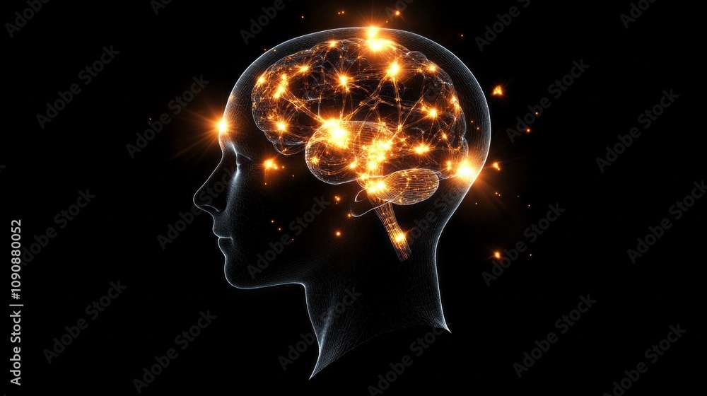 Aufkleber a brain with many neurons is lit up in a black background