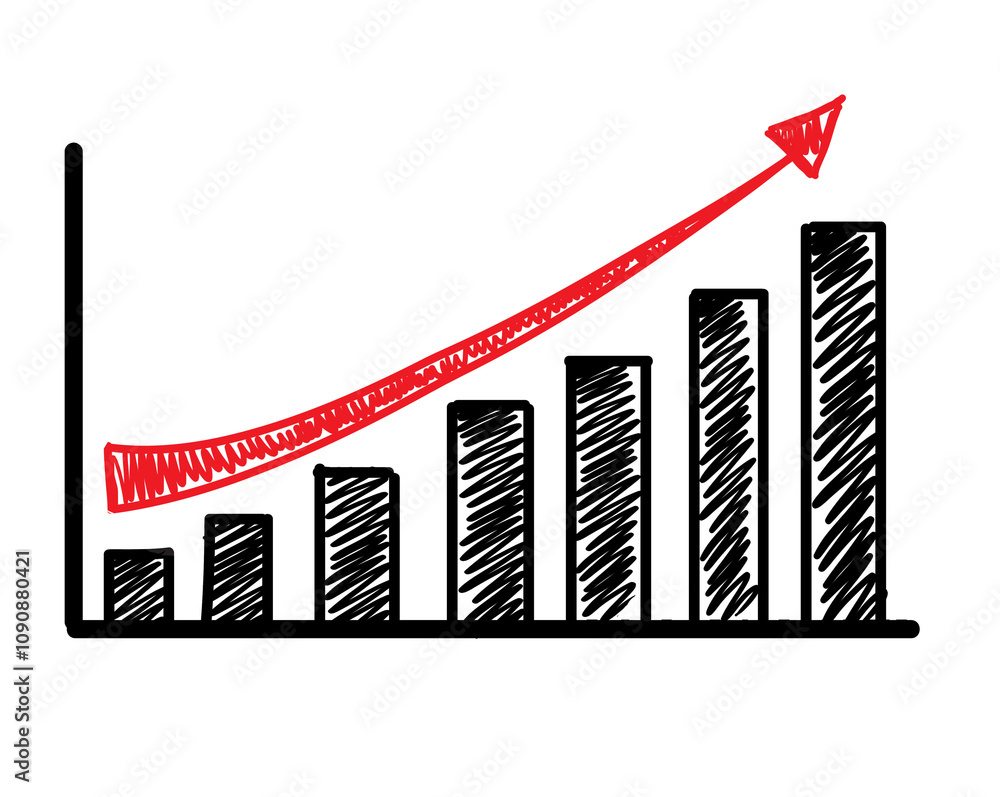 Aufkleber Hand-drawn bar chart with rising columns, a red arrow pointing upwards, isolated on a white background. Represents growth, progress, and success in business or finance