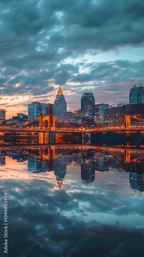 Poster stunning evening view of the cincinnati skyline reflected in the water at twilight