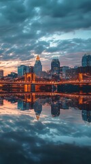 Fototapeta premium Stunning evening view of the Cincinnati skyline reflected in the water at twilight