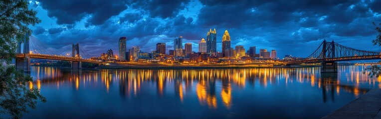 Obraz premium Stunning evening view of the Cincinnati skyline reflecting in the river under a dramatic sky