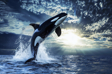 Obraz premium Fantastically beautiful majestic huge whale in deep ocean