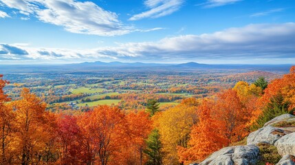 Fototapeta premium Breathtaking view of fall foliage from the summit of Mount Monadnock in New Hampshire showcasing vibrant autumn colors