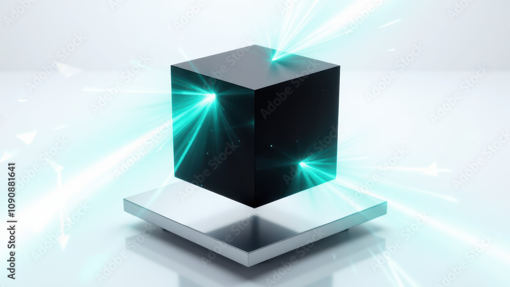 Poster a futuristic black box with neon lights and particle effects, representing advanced technology or ar