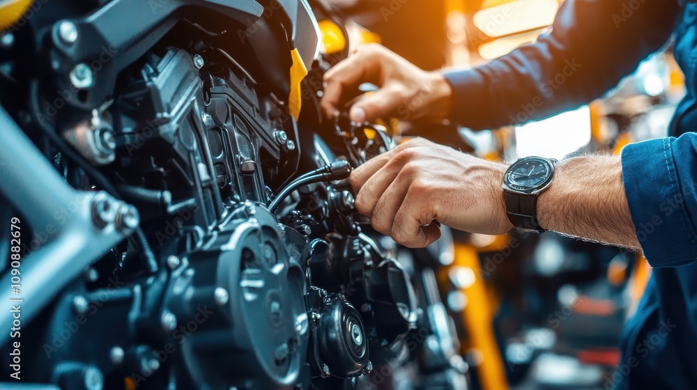 Aufkleber a mechanic working on a motorcycle engine with tools and precision.
