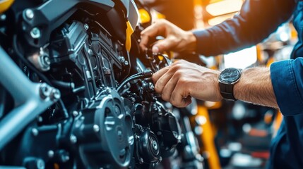 A mechanic working on a motorcycle engine with tools and precision.