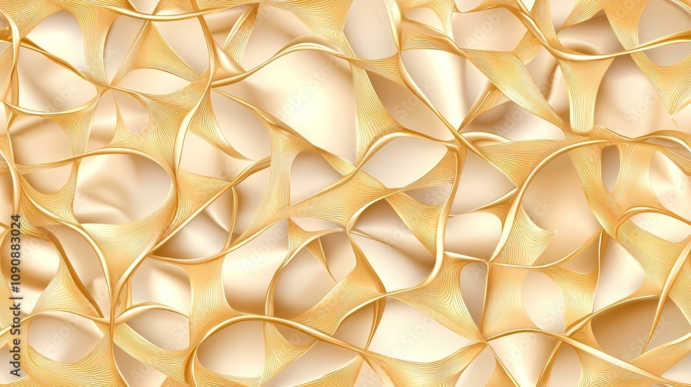 Poster the image contains an abstract pattern of interwoven, gold-colored, ribbon-like shapes on a creamy w