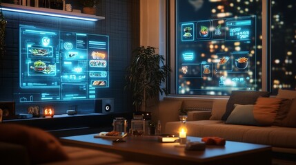 Obraz premium A digital display in a living room showing personalized AI recommendations for dinner, glowing holographic food icons surrounding the user.