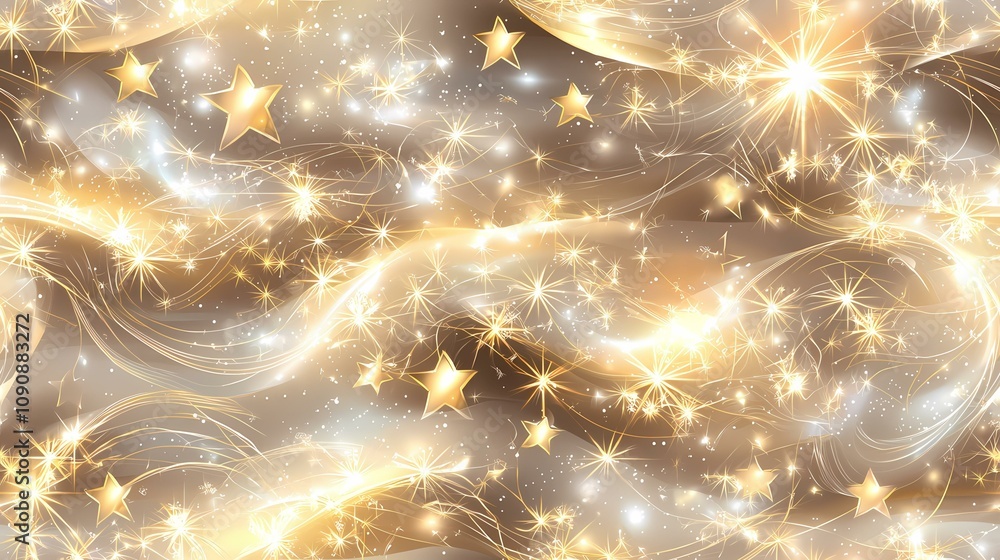 Poster the image contains a background of swirling, golden lines and sparkles, interspersed with numerous g