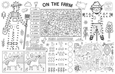 On the farm placemat with cute animals. Farm activity mat for kids with color by number, dot to dot, find 5 differences and maze games. Vector illustration