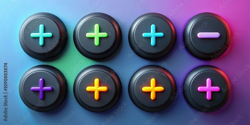Poster neumorphism design of black round calculator buttons with add, minus, multiply, divide, and equal sy