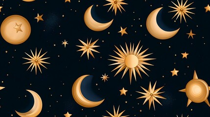 Naklejka premium The image contains a repeating pattern of gold crescents, stars, and suns on a dark blue background.