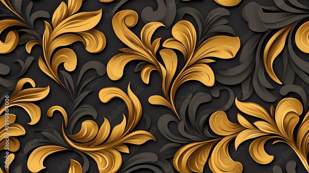 Poster the image contains a repeating pattern of gold and dark gray stylized floral elements on a dark back