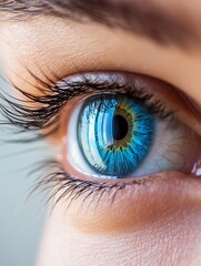 Stunning Close-up of a Blue Eye - Captivating blue eye, iris detail, lashes, reflection, human eye macro. Symbolizes beauty, vision, clarity, depth, and mystery.