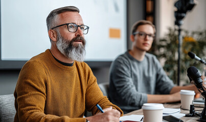 Professionals participating in a conference discussion