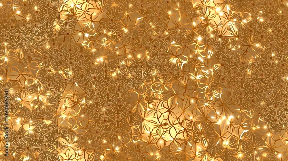 Poster the image contains a gold, textured pattern of stylized flowers, with a slightly three-dimensional e