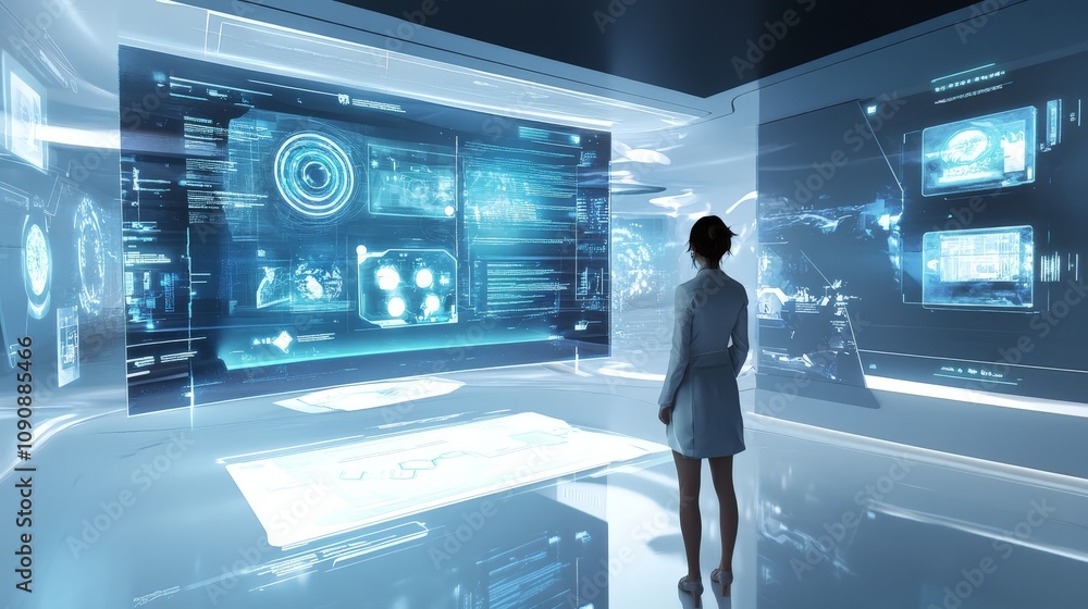 Poster a futuristic digital workspace where personalized ai content is displayed on various floating hologr