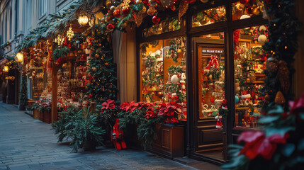 Naklejka premium The entrance to a small shop decorated for Christmas with fir branches, garlands and balls in a cozy festive atmosphere