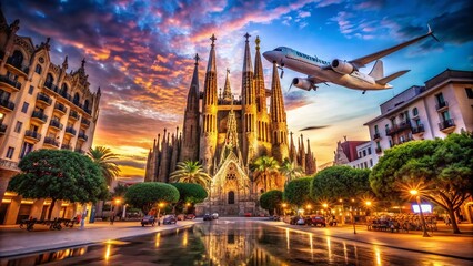 Obraz premium Night Photography of Sagrada Familia with Airplane in Pop Art Cartoon Style Postcard - A Colorful Travel Souvenir from Barcelona, Spain, Capturing Europe's Architectural Marvels