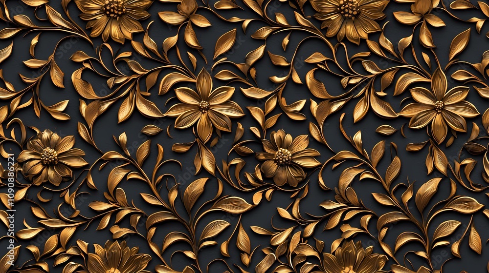 Poster the image contains a seamless pattern of gold, three-dimensional flowers and leaves on a dark gray b
