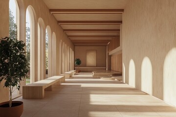 Fototapeta premium Modern Architectural Interior Featuring Light-Filled Hallway With Minimalist Design Elements and Greenery