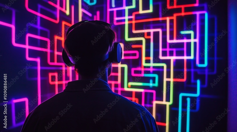 Aufkleber a gamer in a dark room, illuminated by the glow of vr visuals, intensely focused on navigating throu