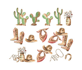 Country style and cowboy accessories watercolor clip art isolated on transparent background: cactuses, cowboy boots and hat, horseshoe, lasso, scarf and a can of dried flowers