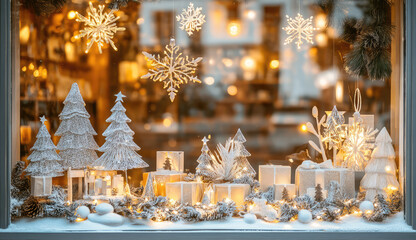 Christmas decorations on glass shop window in cozy festive atmosphere